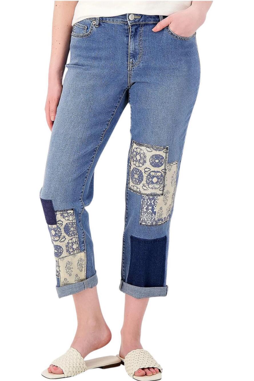 LOGO by Lori Goldstein  Women's Patchwork Boyfriend Jeans Med Wash - Regular